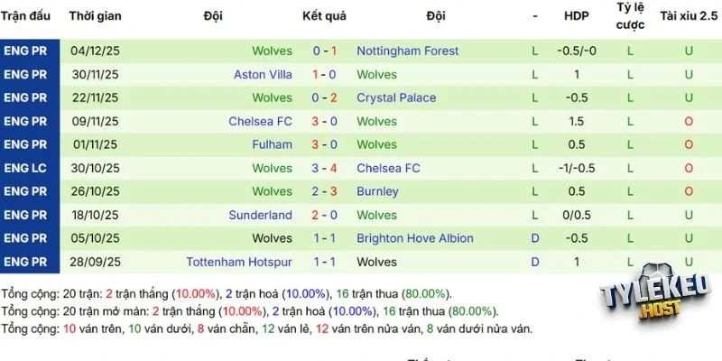 Hiệu suất thi đấu Wolverhampton